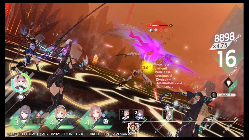 three girls fighting a demon with near 9000 damage dealt, 16 combo, and near a 5x multiplier