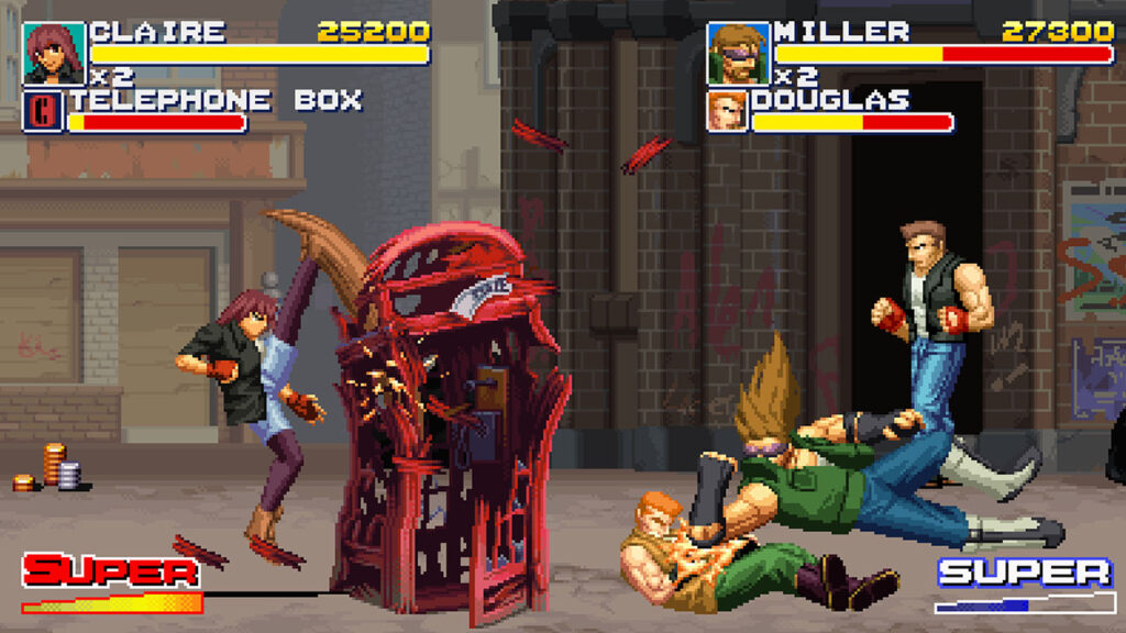 Final Vendetta - Claire destroys a phone box whilst Millar elbow drops a gang member