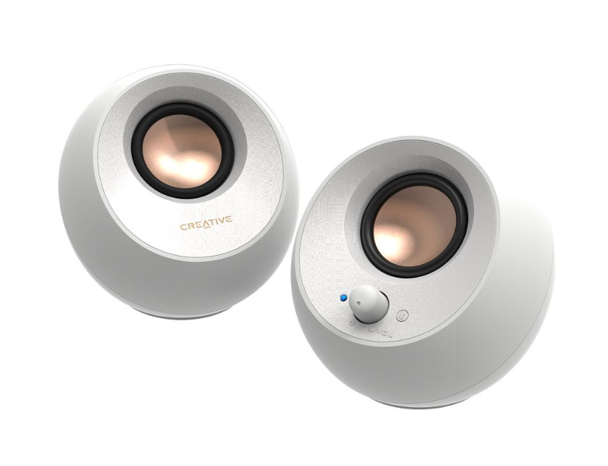 An image of the white speakers side by side angled towards each other, on a white background