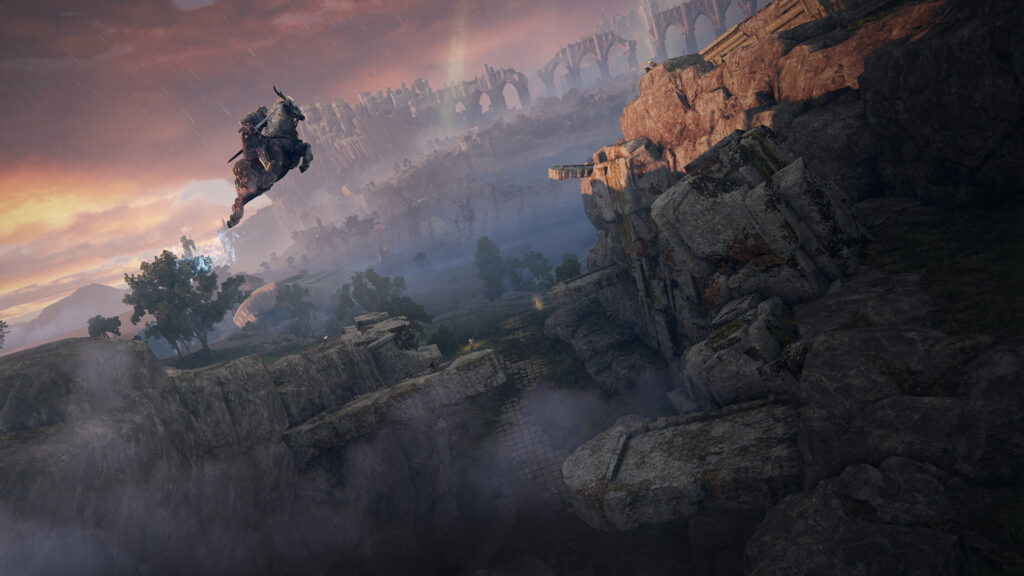 Elden Ring - Xbox Series X Review - Player Character Performing An Long Jump Whilst Riding Torrent