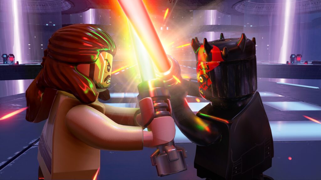 LEGO Qui Gon Jinn versus Darth Maul, their lightsabers clashing.