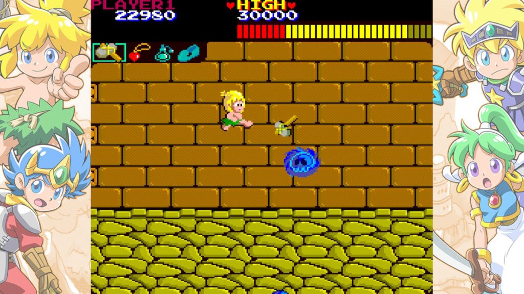 Male caveman looking man throwing a hammer at a fiery blue skull