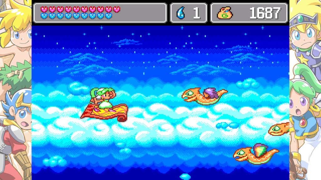 Female warrior riding a magic carpet facing flying enemies