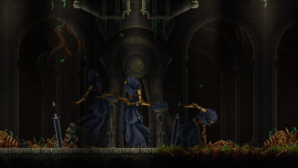 Three ghostly hooded figures are picking up their blades in front of my knight
