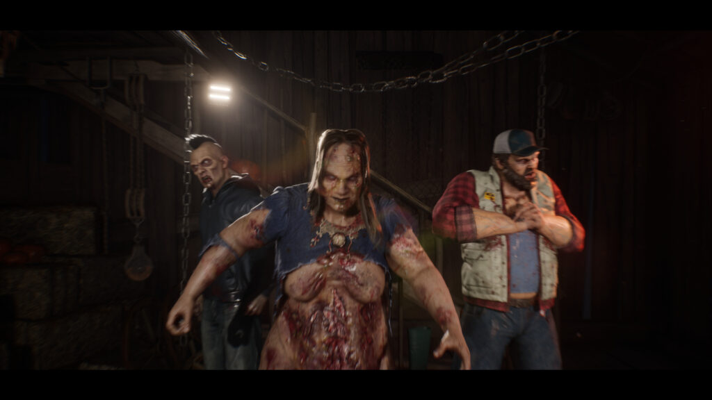 A trio of zombie-like creatures approach; the one on the left has a mohican, the one in the middle is a woman with a torn top, and the one on the right wears a trucker hat.
