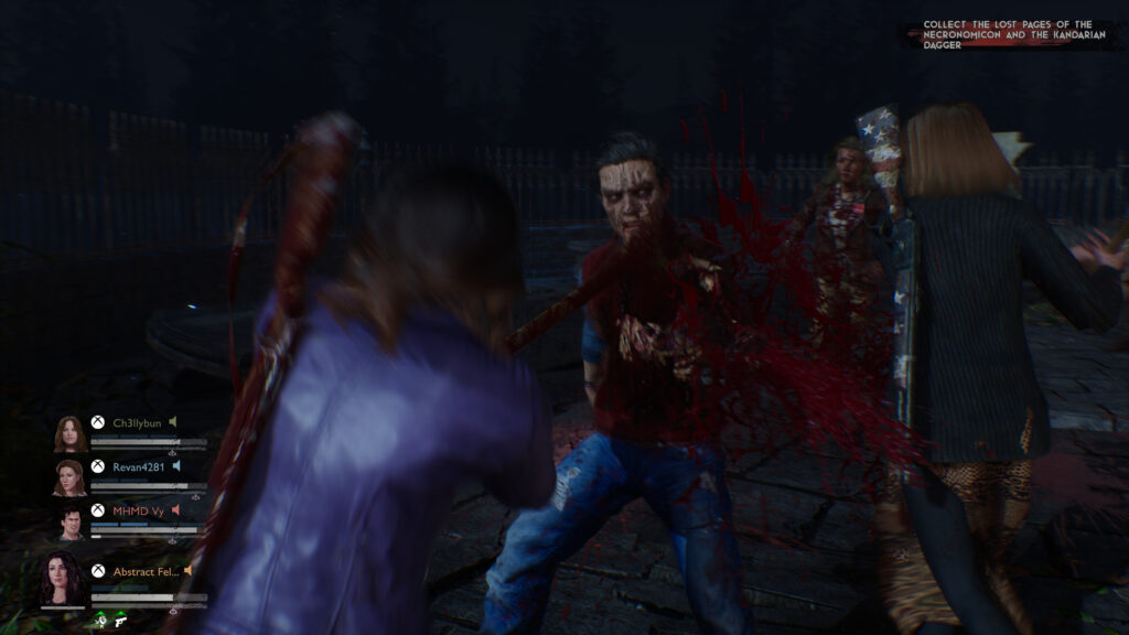 A woman takes an axe to a zombie-like creature, blood splattering the screen.