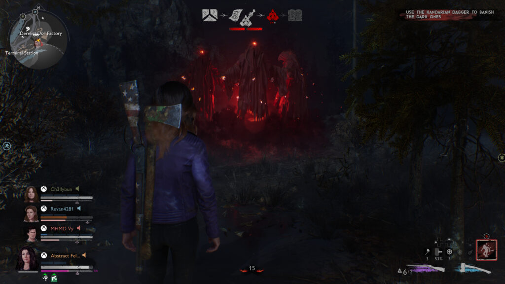 A view of a woman from behind looking up at glowing red, cloaked beings.