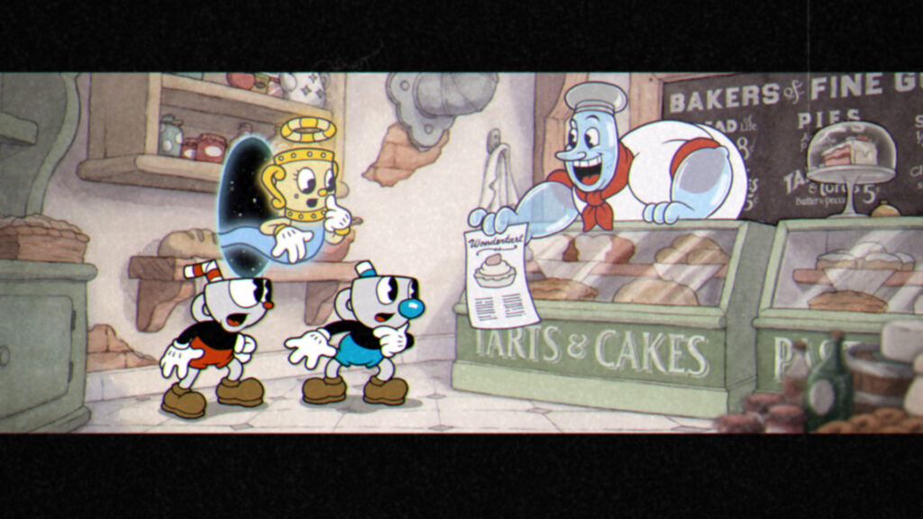 A spirit chef figure passes an ingredient list for 'The Wondertart' to three characters that have cups for heads.