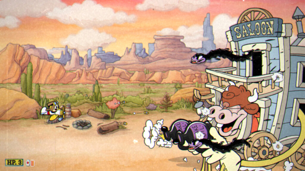 A cartoon cow pokes it head out from a saloon window, it carries snake oil bottles which are used to fire projectiles.