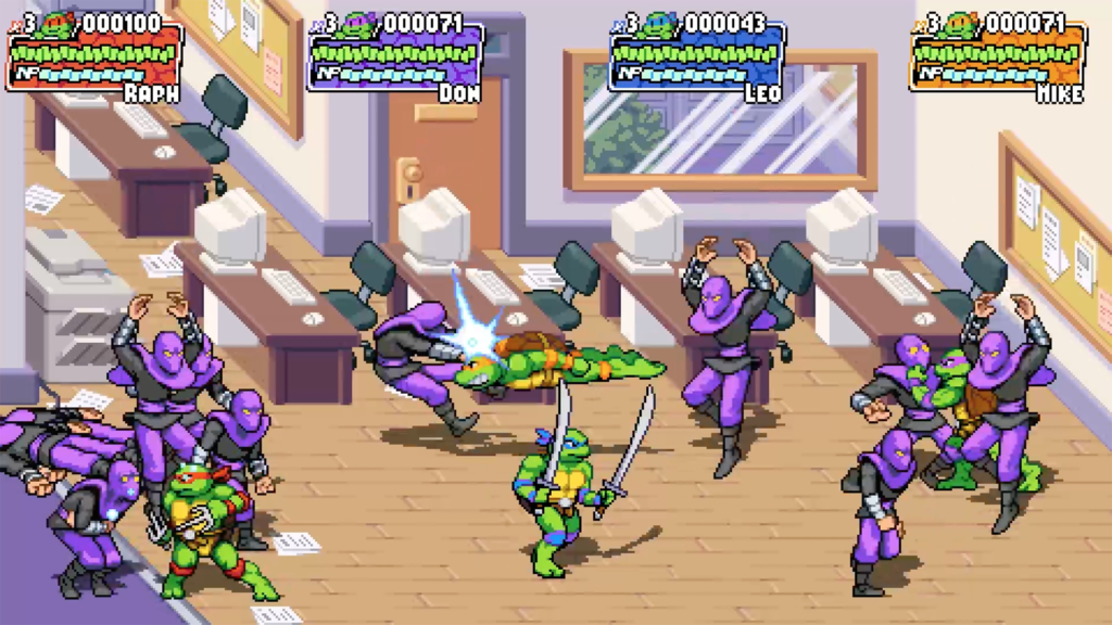 All four turtles battle with members of the Foot Clan