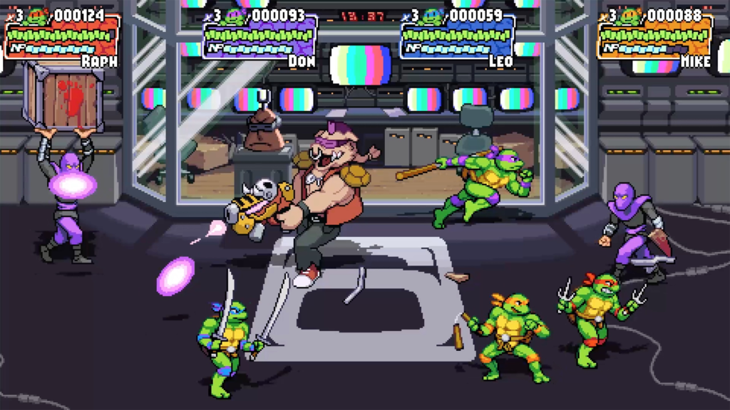 All four turtles battle members of the Foot Clan and Bebop