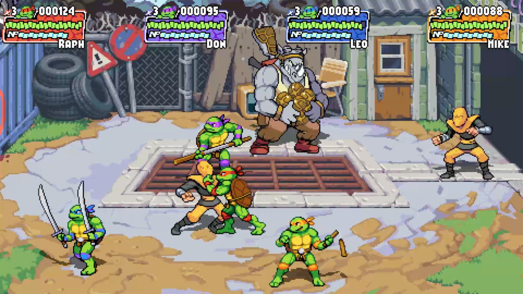 All four turtles battle members of the Foot Clan and Rocksteady 