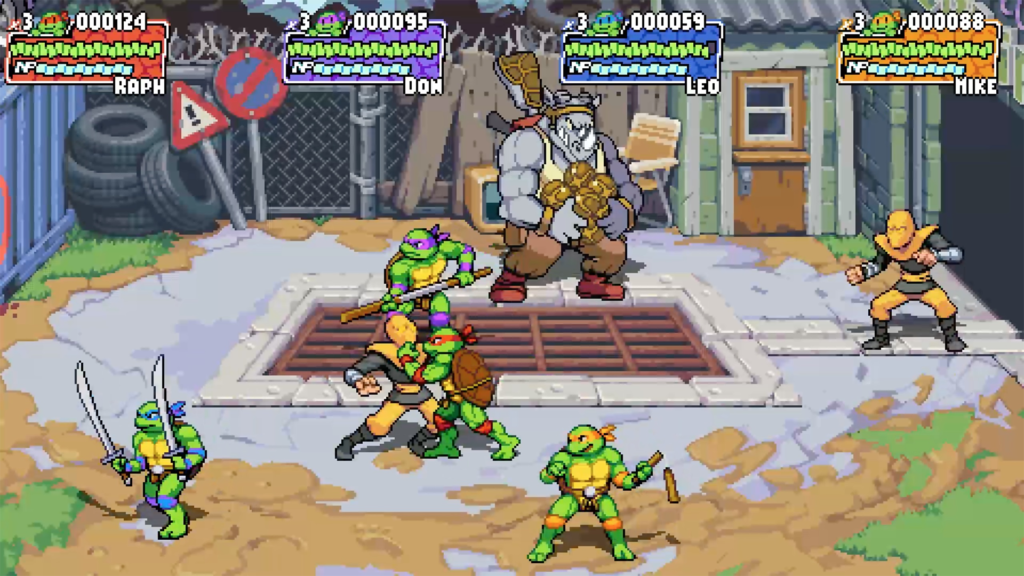 All four turtles battle members of the Foot Clan and Rocksteady
