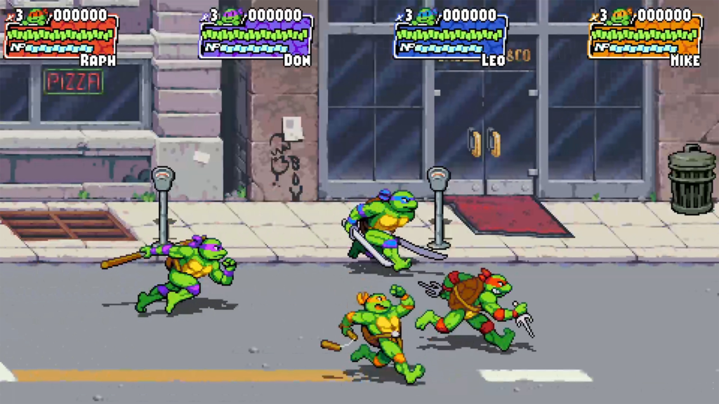 All four turtles run down an empty street