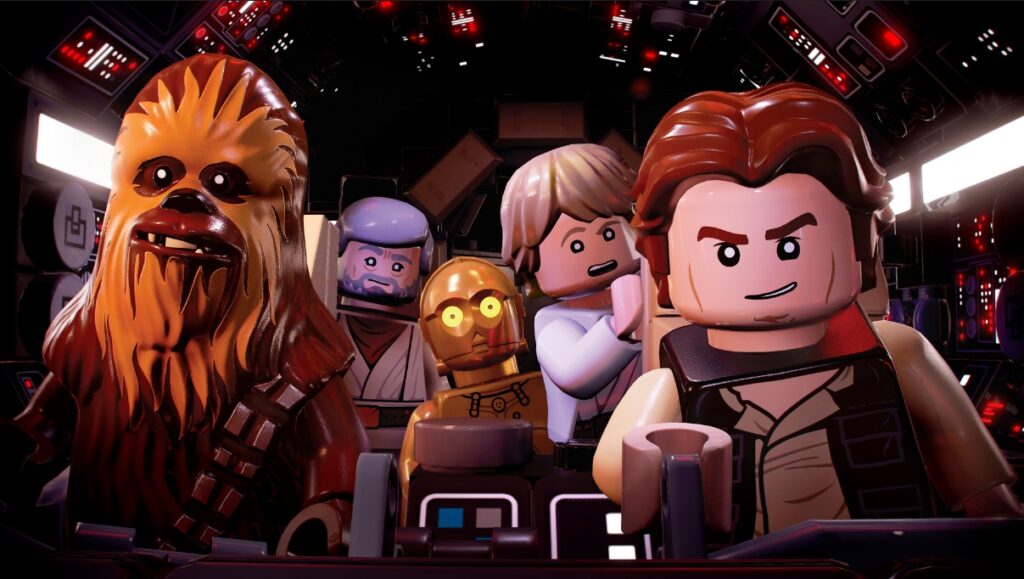 LEGO Han Solo and Chewbacca flying the Millennium Falcon, with C3PO, Luke Skywalker and Ben Kenobi behind them.