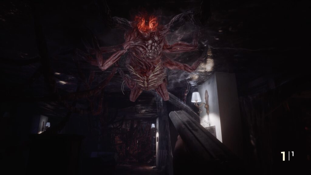 Fobia: St. Dinfna Hotel Review - Monster leaping from above as the player readies a shotgun.