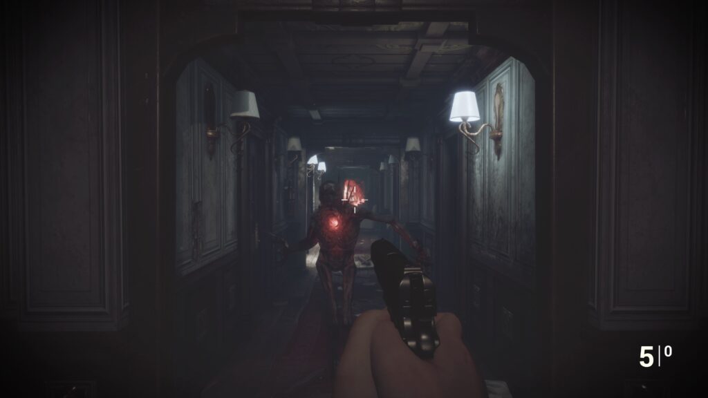 Fobia: St. Dinfna Hotel Review - Monster walking towards player character who is holding a gun.