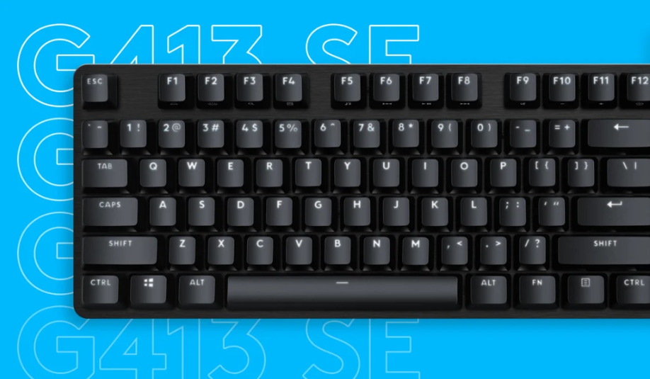 A 3/4 view of the Logitech G413 SE keyboard on a blue background, with repeated lettering of 'G413 SE'.