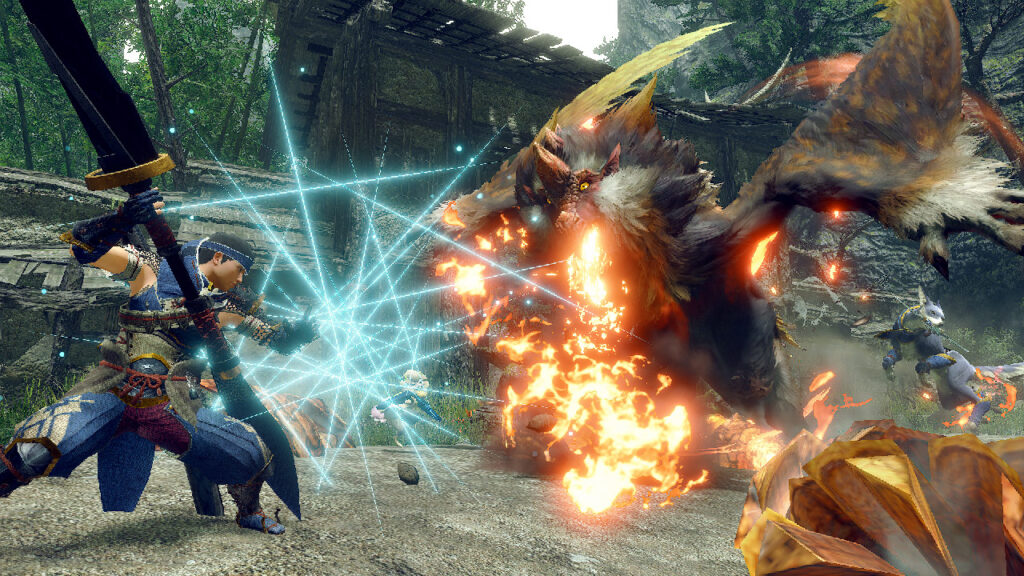 A hunter uses a Switch Skill to take on a monster.