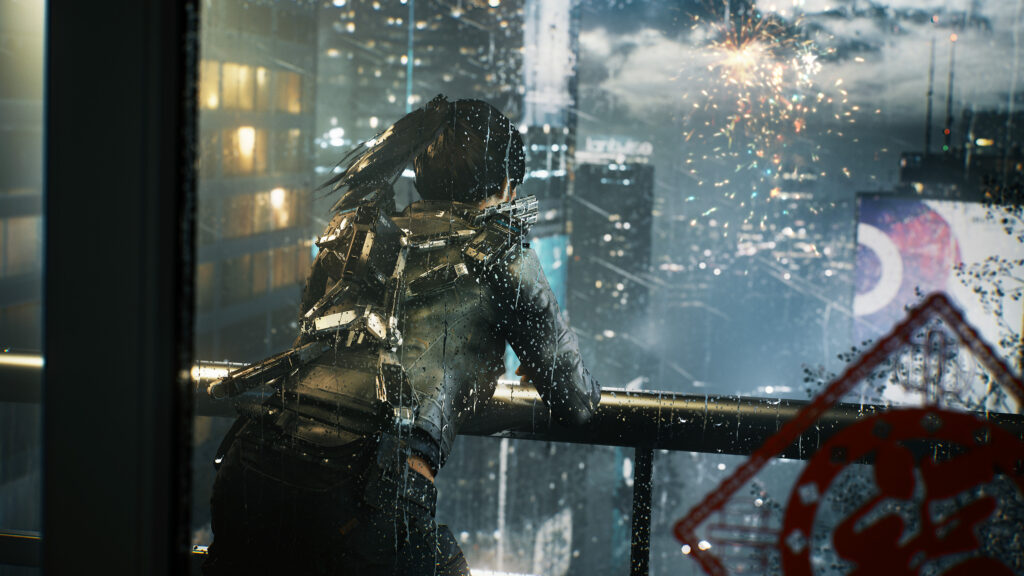 Bright Memory: Infinite Review - Shelia looking out of window as rain soaks the landscape