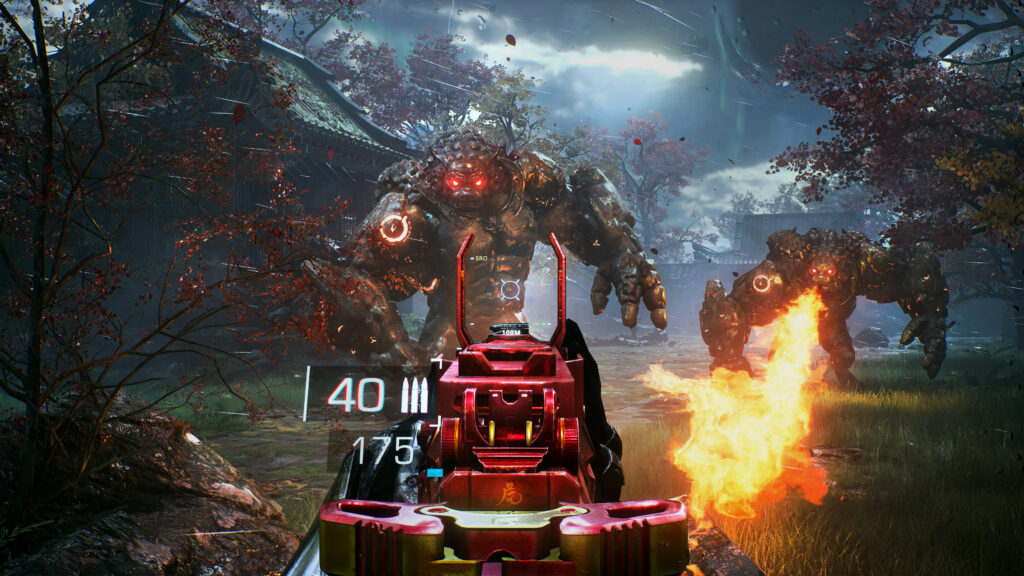 Bright Memory: Infinite Review - first-person image of player fighting two fire spewing demons with an assault rifle