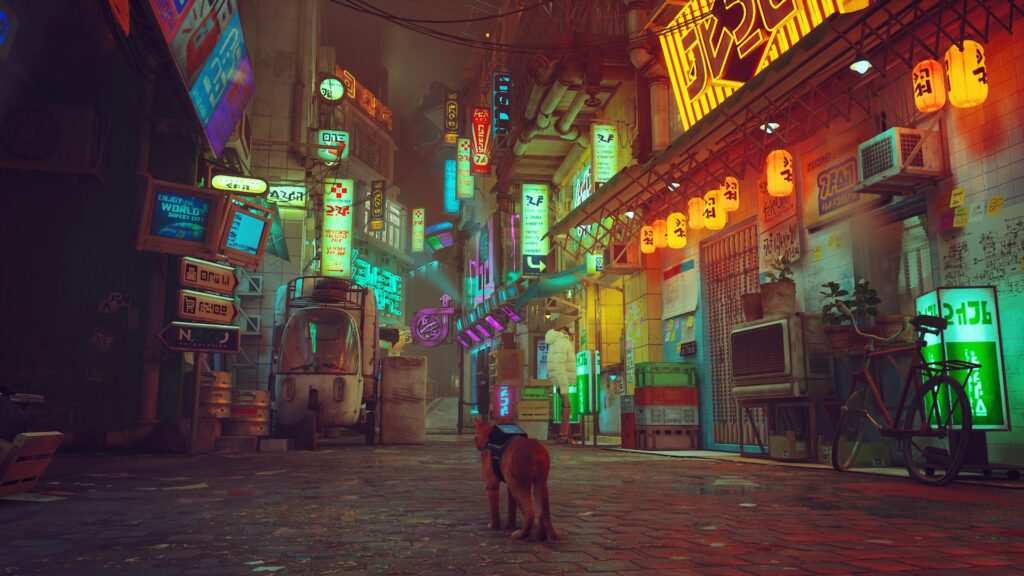 An orange cat with a backpack in a city with neon lights.