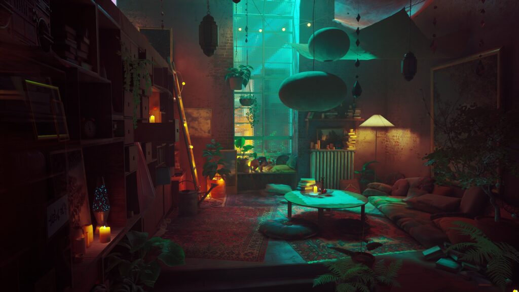 An orange cat settles down on a window sill of a room filled with books and plants.