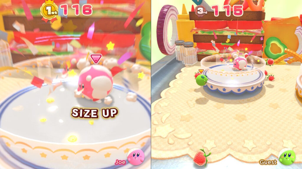 Kirby and kirby looking at each other after one had eaten a cake