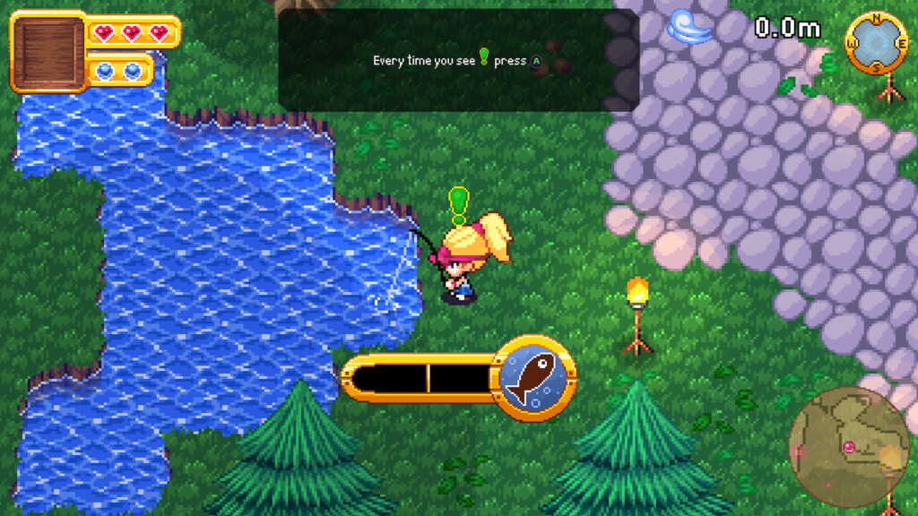 Aerin is fishing in water surrounded by grass and trees