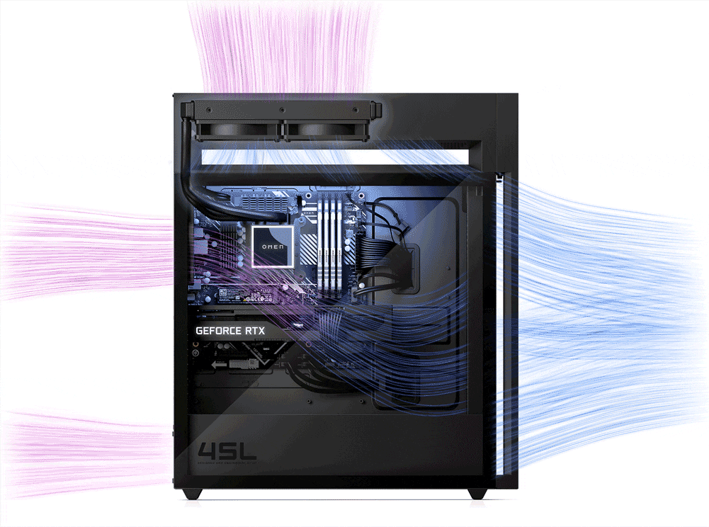 A GIF of the Omen 45L from the side, showing how air moves through the desktop using its cryo chamber.