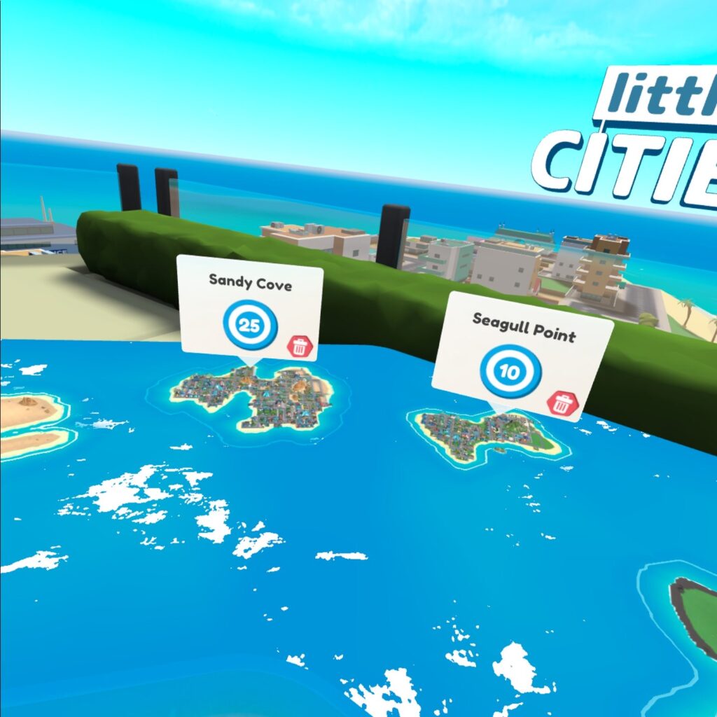 A bird's eye view showing different islands in Little Cities