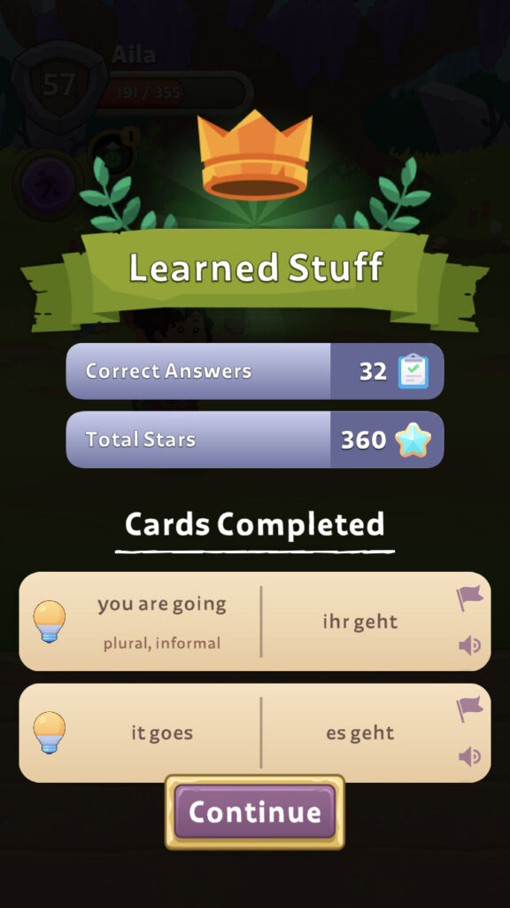 Screen showing completed cards at the end of a lesson