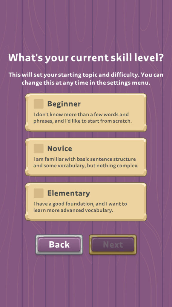 Language difficulty settings