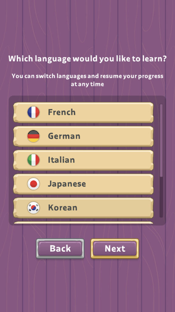 Language selection screen