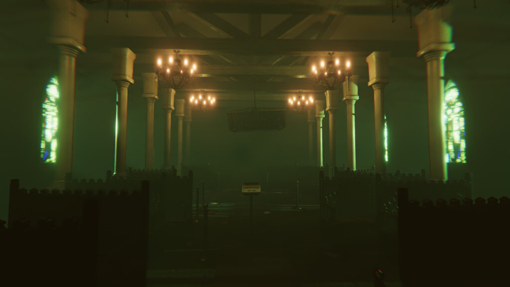 A candelabra lit church, with stained glass windows on both sides.