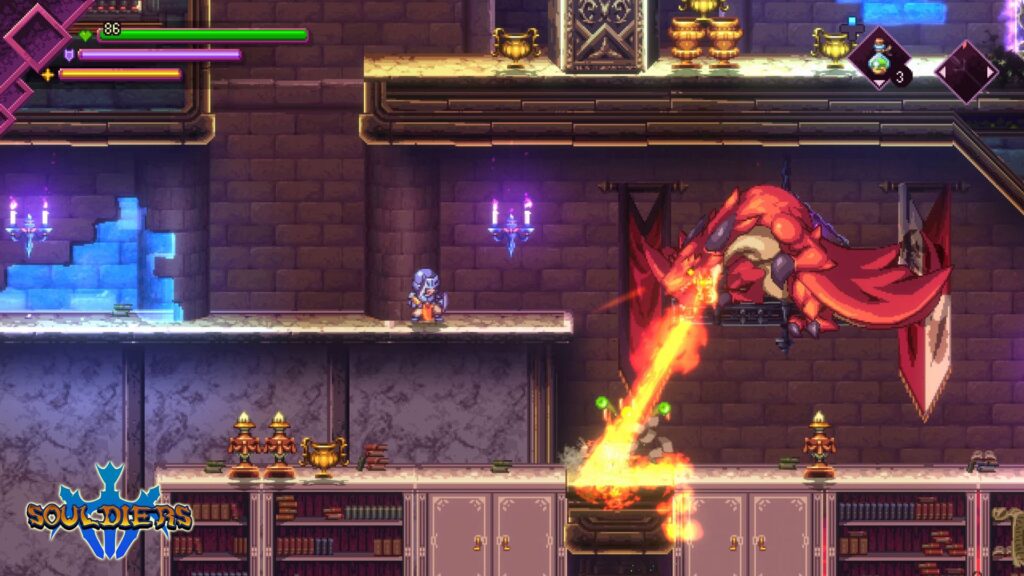 Dragon breathing fire down on the ground as a soldier faces him triumphantly