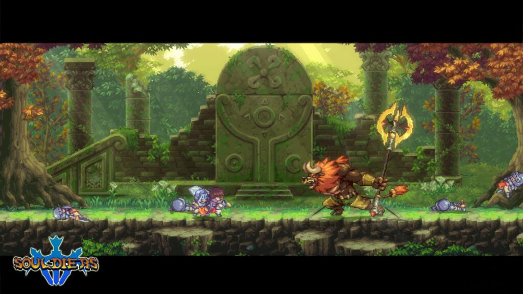 two soldiers fighting a giant minotaur with a golden axe