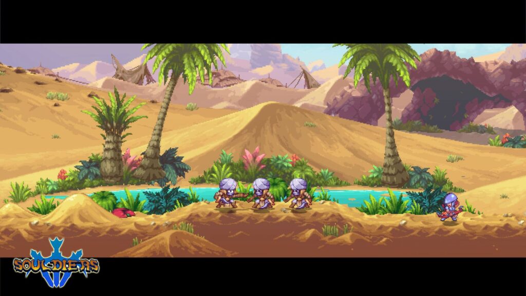 Archer looking at three rabbi looking figures having a conversation in a desert