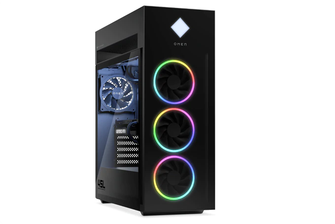 The OMEN 45L showing off the front of the desktop and partially the side.