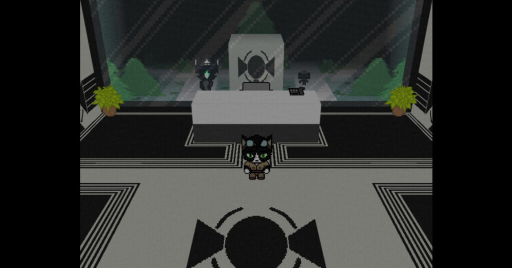 Mura stands by a desk; behind is a window looking down onto a courtyard with the robot beings.
