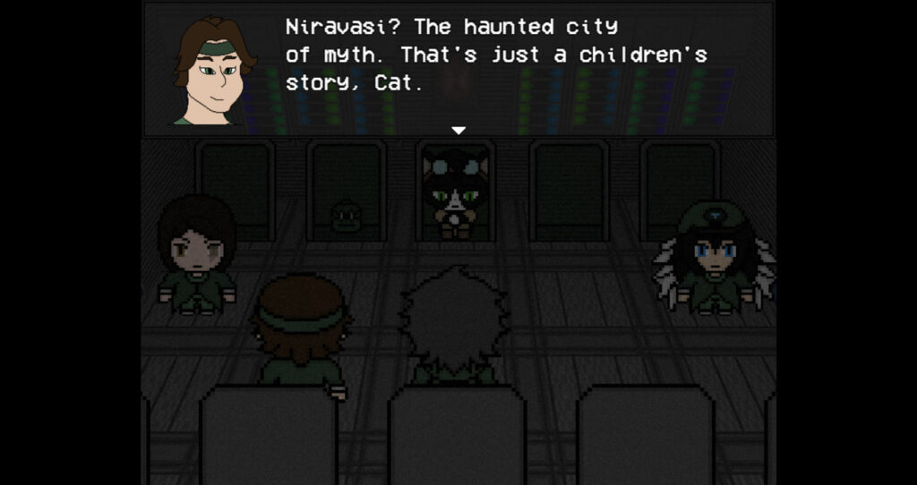 Mura the cat sits on an airship, as one of his team says 'Niravasi? The haunted city of myth. That's just a children's story, Cat.'
