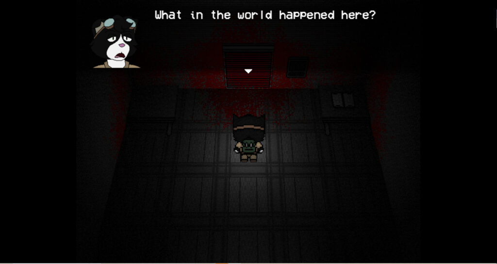 Mura the cat is in a dark room looking at a wall covered in blood, saying 'what in the world happened here?'