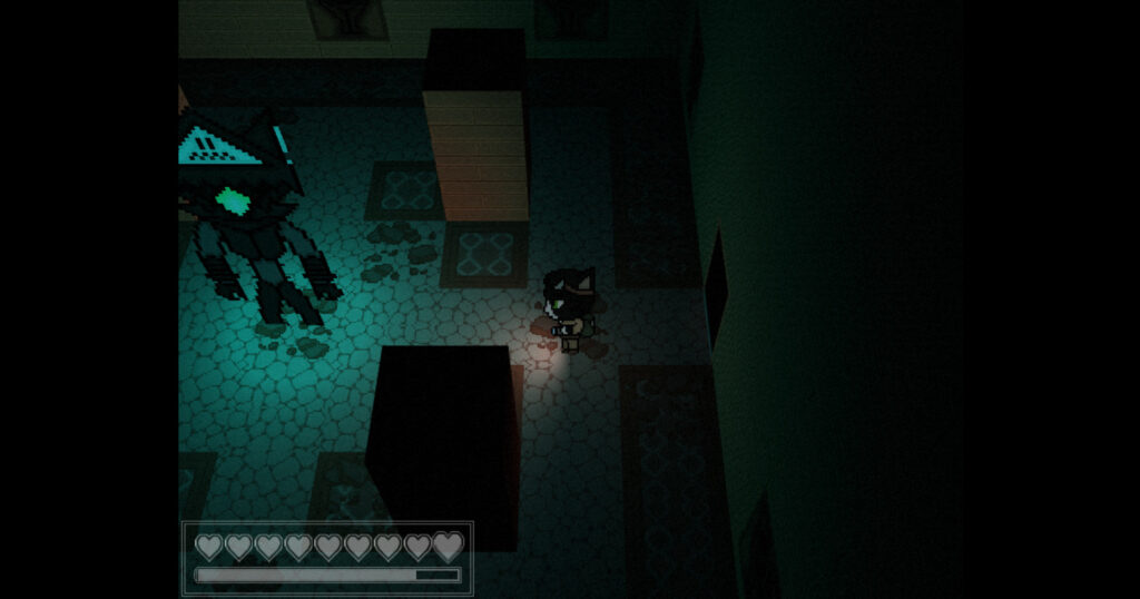 Mura the cat shines a flashlight on a large robotic being.
