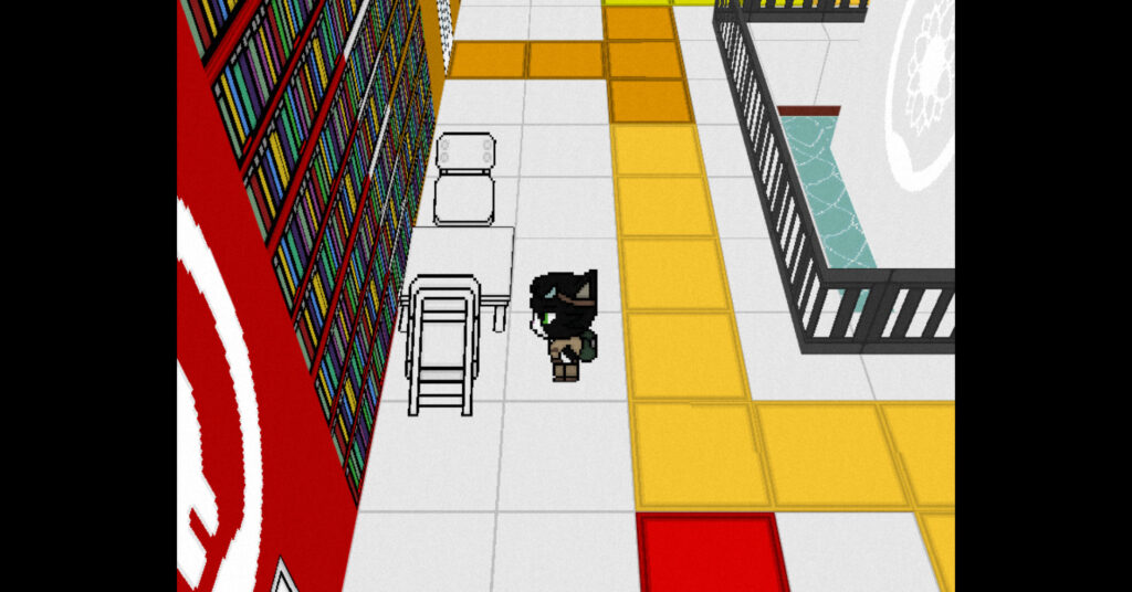 Mura the cat in a white room with coloured tiles on the floor and books on the wall.