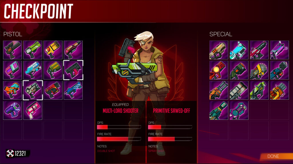 Checkpoint screen showing different gun options