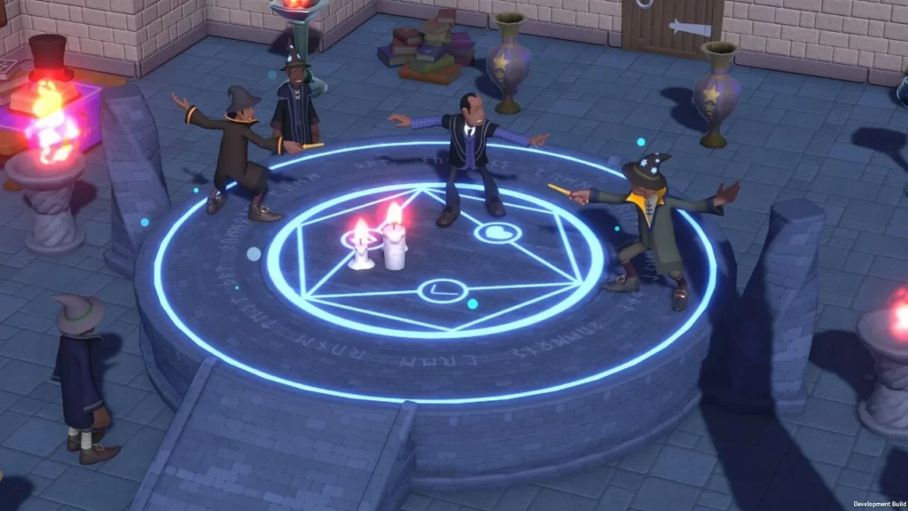 students learning wizardry with a blue circle in the middle of the classroom