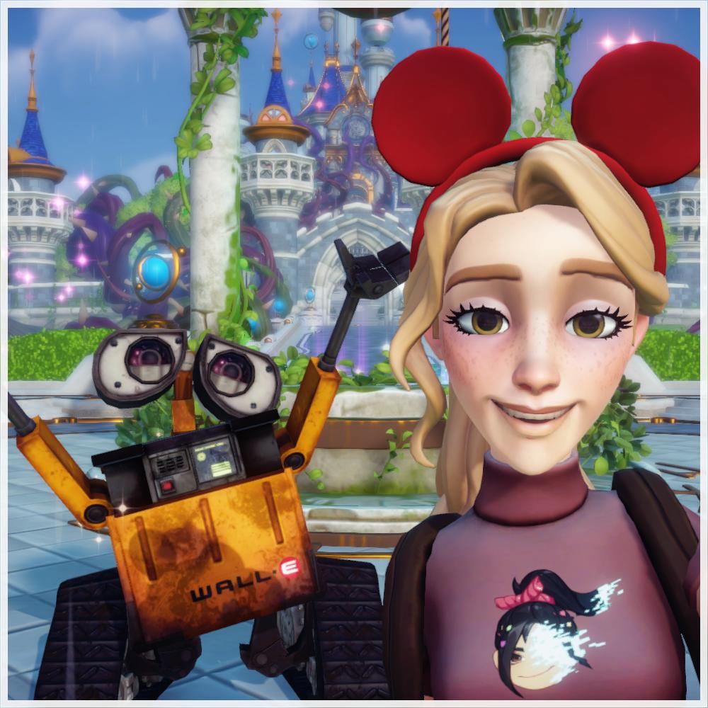 My protagonist takes a selfie with WALL-E in front of the castle.