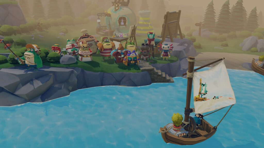 A sailor leaves the shore on a sailboat while frogs line the cliffside to say goodbye.