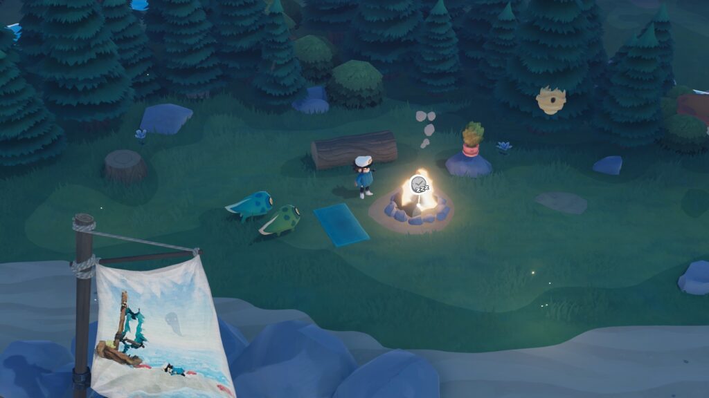 A sailor stands next to a fire in a small clearing by the beach, with two tadpole dogs waiting by him.
