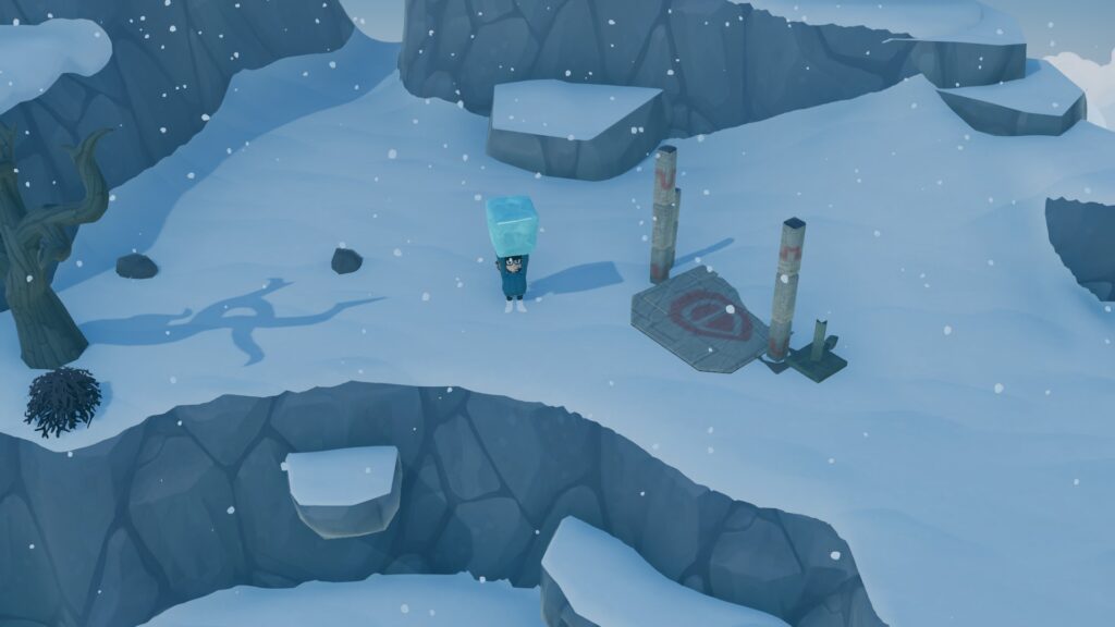 A sailor holds a block of ice on top of a snowy mountain.